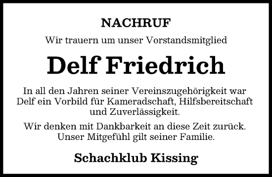 Traueranzeige von Delf Friedrich von Friedberger Allgemeine