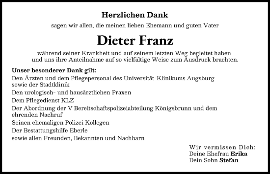 Traueranzeige von Dieter Franz von Augsburger Allgemeine