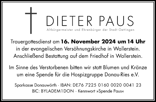 Traueranzeige von Dieter Paus von Rieser Nachrichten