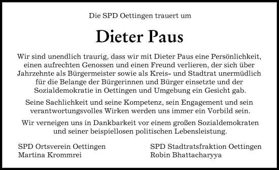 Traueranzeige von Dieter Paus von Rieser Nachrichten