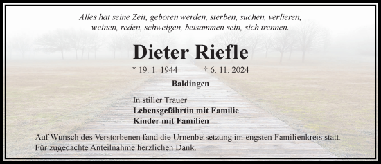 Traueranzeige von Dieter Riefle von Rieser Nachrichten