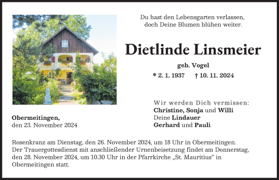 Traueranzeige von Dietlinde Linsmeier von Schwabmünchner Allgemeine, Landsberger Tagblatt