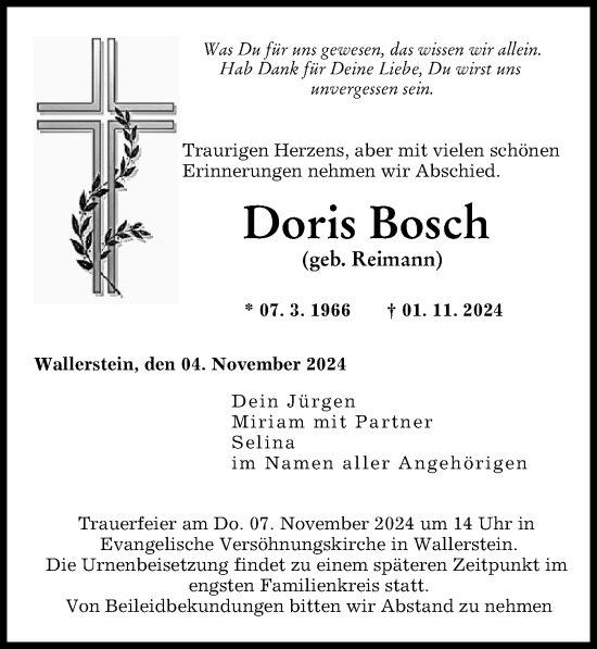 Traueranzeige von Doris Bosch von Rieser Nachrichten