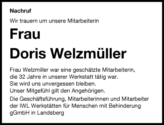 Traueranzeige von Doris Welzmüller von Landsberger Tagblatt