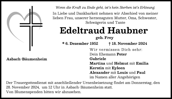 Traueranzeige von Edeltraud Haubner von Donauwörther Zeitung