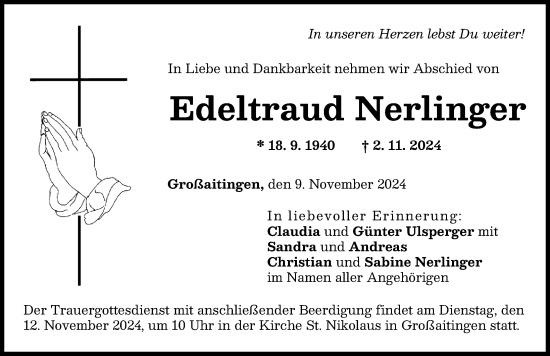 Traueranzeige von Edeltraud Nerlinger von Schwabmünchner Allgemeine