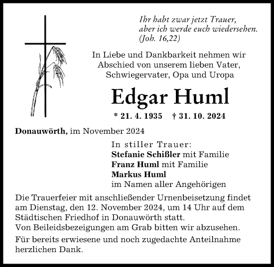 Traueranzeige von Edgar Huml von Donauwörther Zeitung