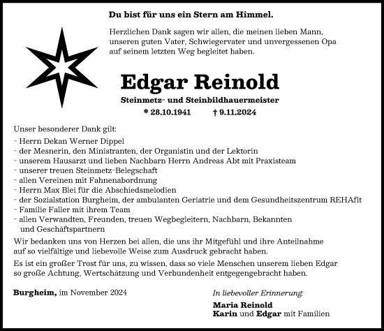 Traueranzeige von Edgar Reinold von Neuburger Rundschau