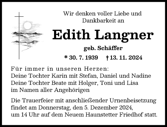 Traueranzeige von Edith Langner von Augsburger Allgemeine