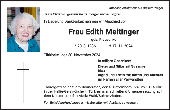 Traueranzeige von Edith Meitinger von Mindelheimer Zeitung