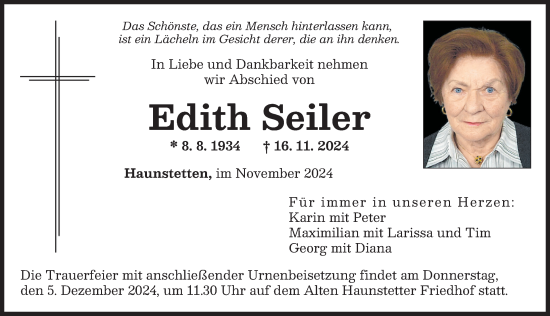Traueranzeige von Edith Seiler von Augsburger Allgemeine