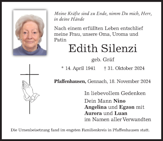Traueranzeige von Edith Silenzi von Mindelheimer Zeitung