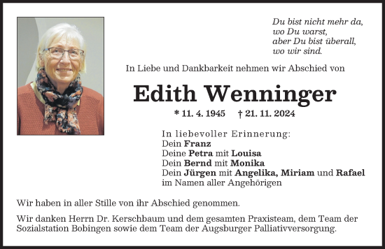 Traueranzeige von Edith Wenninger von Schwabmünchner Allgemeine