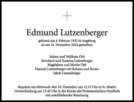 Traueranzeige von Edmund Lutzenberger von Augsburger Allgemeine