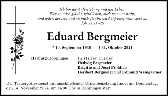 Traueranzeige von Eduard Bergmeier von Rieser Nachrichten, Donauwörther Zeitung