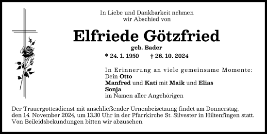 Traueranzeige von Elfriede Götzfried von Schwabmünchner Allgemeine