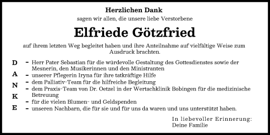 Traueranzeige von Elfriede Götzfried von Schwabmünchner Allgemeine