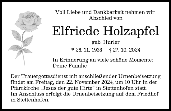 Traueranzeige von Elfriede Holzapfel von Augsburger Allgemeine