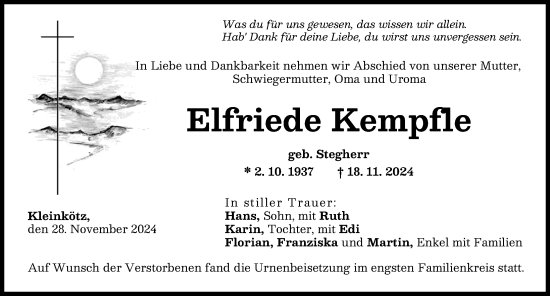Traueranzeige von Elfriede Kempfle von Günzburger Zeitung