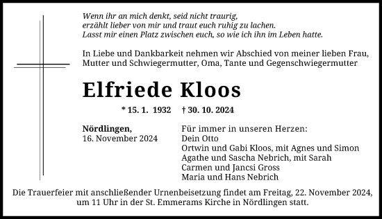Traueranzeige von Elfriede Kloos von Rieser Nachrichten