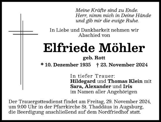 Traueranzeige von Elfriede Möhler von Augsburger Allgemeine