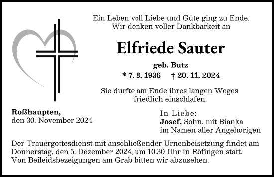 Traueranzeige von Elfriede Sauter von Günzburger Zeitung