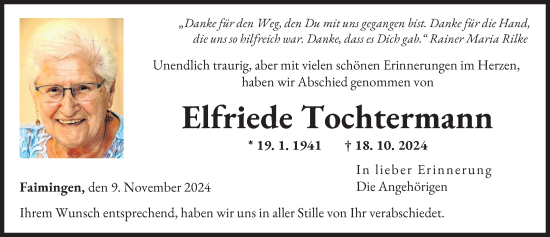 Traueranzeige von Elfriede Tochtermann von Donau Zeitung