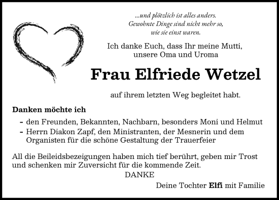 Traueranzeige von Elfriede Wetzel von Wertinger Zeitung