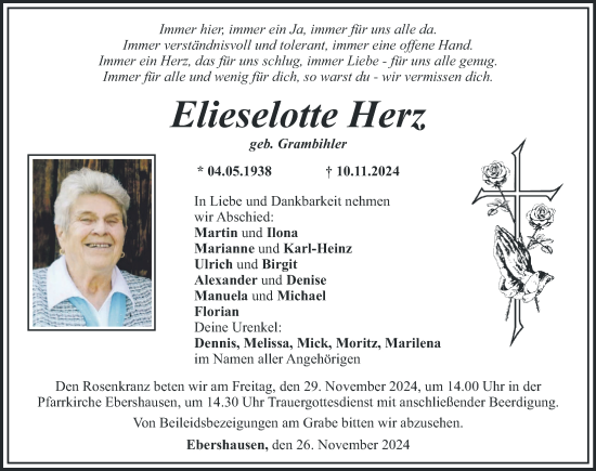 Traueranzeige von Elieselotte Herz von Mittelschwäbische Nachrichten