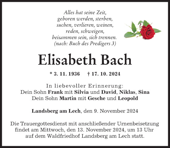 Traueranzeige von Elisabeth Bach von Landsberger Tagblatt