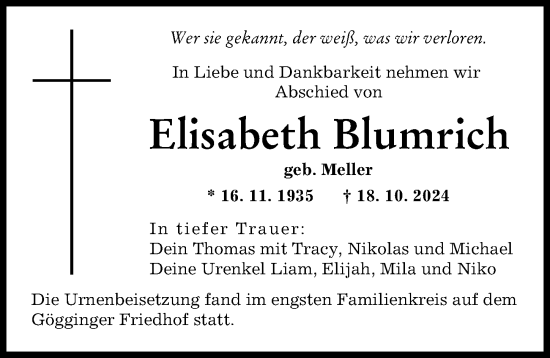 Traueranzeige von Elisabeth Blumrich von Augsburger Allgemeine