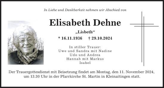 Traueranzeige von Elisabeth Dehne von Schwabmünchner Allgemeine