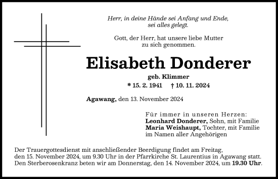 Traueranzeige von Elisabeth Donderer von Augsburg-Land