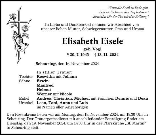 Traueranzeige von Elisabeth Eisele von Landsberger Tagblatt