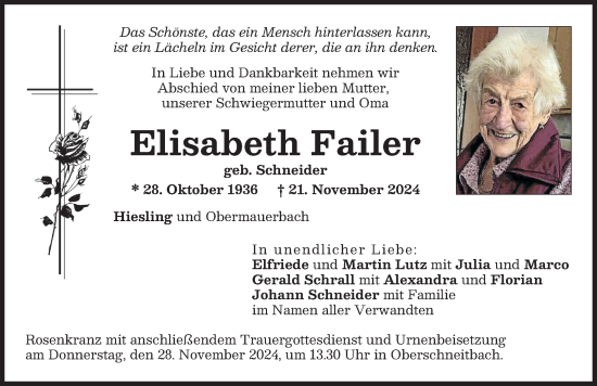 Traueranzeige von Elisabeth Failer von Aichacher Nachrichten