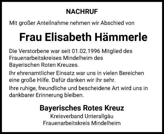 Traueranzeige von Elisabeth Hämmerle von Mindelheimer Zeitung