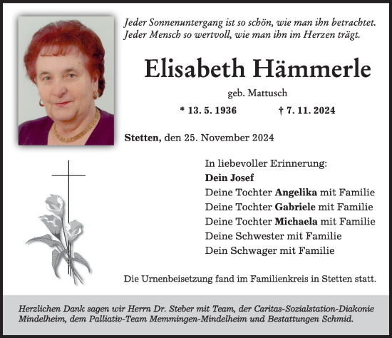 Traueranzeige von Elisabeth Hämmerle von Mindelheimer Zeitung
