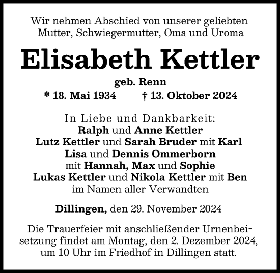 Traueranzeige von Elisabeth Kettler von Donau Zeitung
