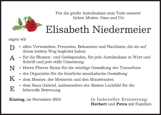 Traueranzeige von Elisabeth Niedermeier von Friedberger Allgemeine