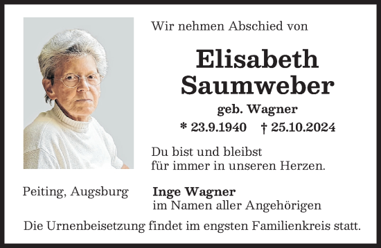 Traueranzeige von Elisabeth Saumweber von Augsburger Allgemeine