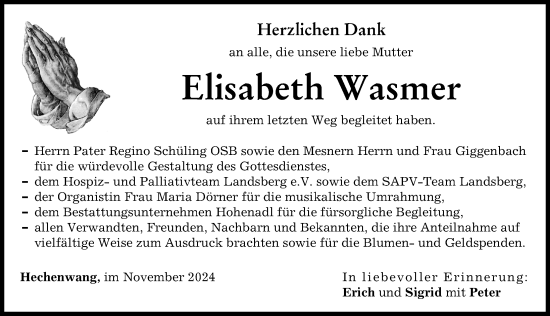 Traueranzeige von Elisabeth Wasmer von Landsberger Tagblatt