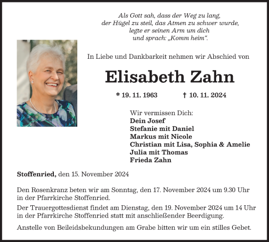 Traueranzeige von Elisabeth Zahn von Mittelschwäbische Nachrichten