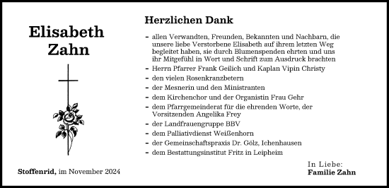 Traueranzeige von Elisabeth Zahn von Mittelschwäbische Nachrichten