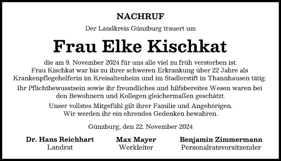 Traueranzeige von Elke Kischkat von Mittelschwäbische Nachrichten