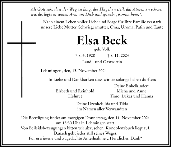 Traueranzeige von Elsa Beck von Rieser Nachrichten