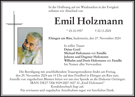 Traueranzeige von Emil Holzmann von Rieser Nachrichten