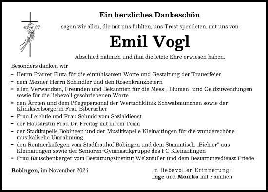 Traueranzeige von Emil Vogl von Schwabmünchner Allgemeine