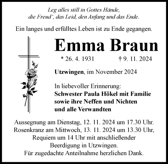 Traueranzeige von Emma Braun von Rieser Nachrichten