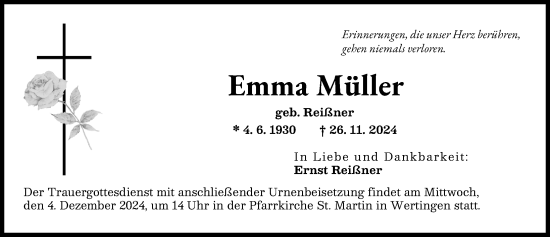 Traueranzeige von Emma Müller von Wertinger Zeitung