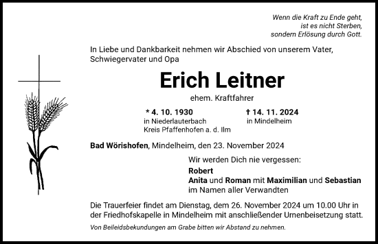 Traueranzeige von Erich Leitner von Mindelheimer Zeitung